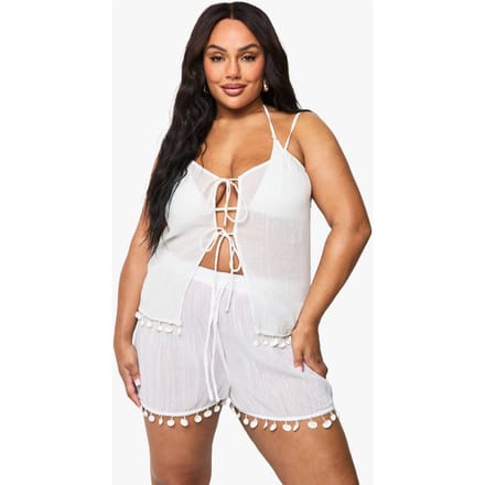 boohoo Dames Plus Strandshorts met Schelpenversiering | White | Maat: 26