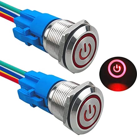 Vergrendelende Drukschakelaar 19 mm - 12V/24V 5A - Waterdicht en Voorbekabeld - Set van 2 met Rood LED