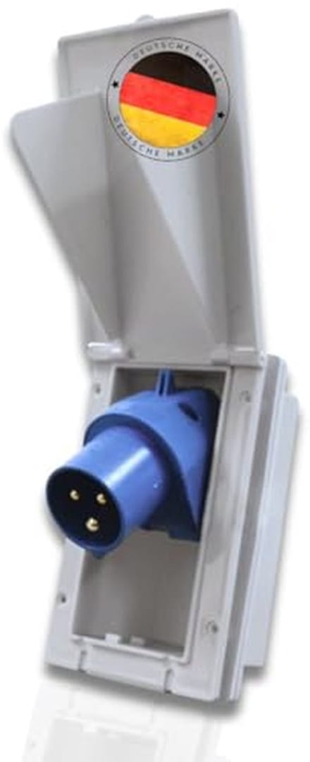 CEE Socket 16A Outdoor - Rectangular, IP44, 240V, 3-Pole, Flip Cover, Power Socket for Caravans and Camping