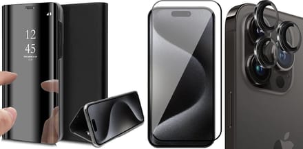 Hoesje geschikt voor iPhone 15 Pro Max - Screenprotector FullGuard & Camera Lens Screen Protector Zwart - Book Case Spiegel Zwart