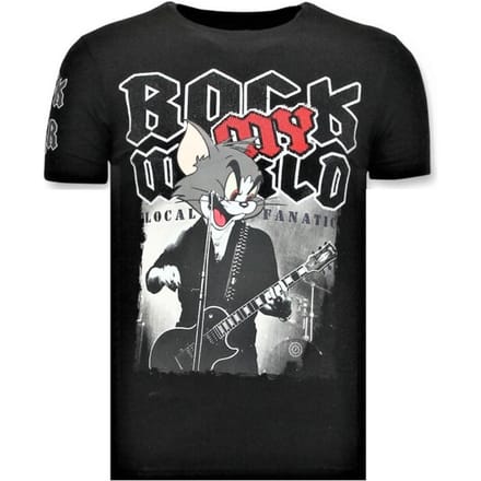 Funny T-Shirt Mannen- Rock My World Cat - Zwart