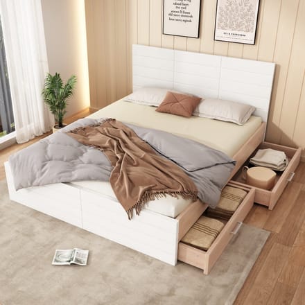 Sweiko Tweepersoonsbed - 180×200cm - 2 laden - Lattenbodem - Zonder matras - Natuurlijk + Wit