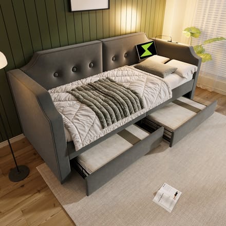 Wishdor Gestoffeerd Bed 90x200 cm – USB-C & Leeslamp – 2 Opbergladen – Grijs Fluweel – Compact & Luxe