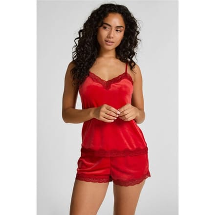 Hunkemöller Dames Nachtmode Short Velours Kant - Rood - maat M