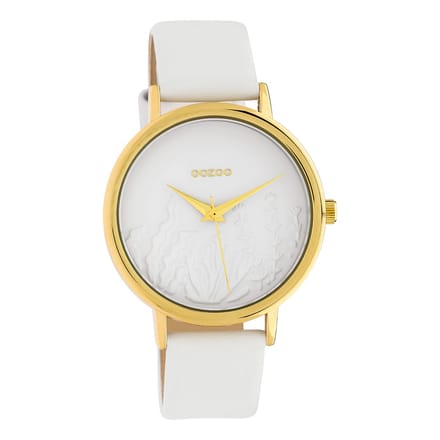 OOZOO Timepieces - Goudkleurige horloge met witte leren band - C10601
