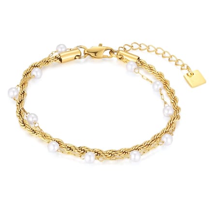 Twice As Nice Armband in goudkleurig edelstaal, dubbel met parels 16cm+3cm