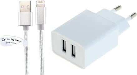 OneOne 2.4A lader met 2 poorten + 1,0m OneOne Lightning kabel. Universele oplader adapter past op Apple iPhone 12 Pro Max, iPhone 13, iPhone 13 Mini, iPhone 13 Pro, iPhone 13 Pro Max, iPhone 14, iPhone 14 Pro, iPhone 14 Pro Max