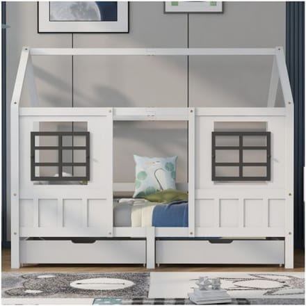 Lit de maison - MUVOE - 200 x 90 cm - 2 tiroirs - Fenêtres décoratives - Protection anti-chute blanc