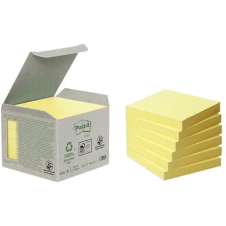 Memoblok post-it 654-1b 76x76mm recycled geel 6 Stuks