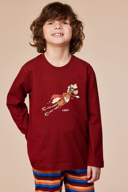 Woody Jongens-Heren pyjama donkerrood - maat S