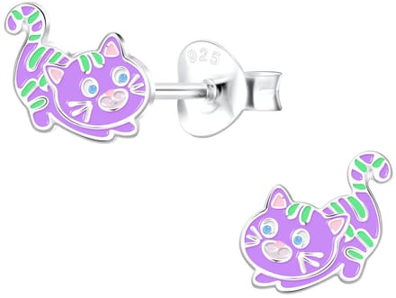 Joy|S - Zilveren kat poes oorbellen - 9 x 7 mm - paars