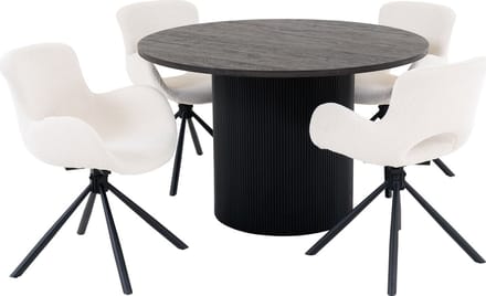 Boavista eethoek eetkamertafel Ø120cm donker bruin en 4 Amorim stoel offwhite.