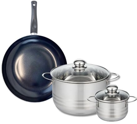Set van 1 Koekenpan 24 cm en 2 kookpotten 12 en 24 cm Elo Prima Glanzend