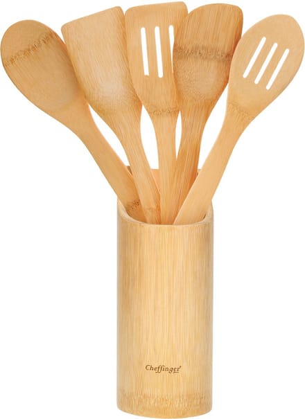 Cheffinger, Bamboe Spatelset Keuken met Bestekhouder, Bruin / Beige