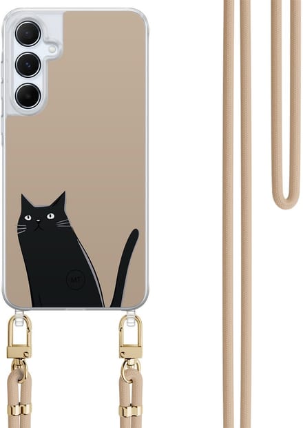 Hoesje met koord geschikt voor Samsung Galaxy A35 5G - Purrflectly - Inclusief Beige koord - Crossbody beschermhoes - Transparant, Zwart, Beige - Mooie Telefoonhoesjes