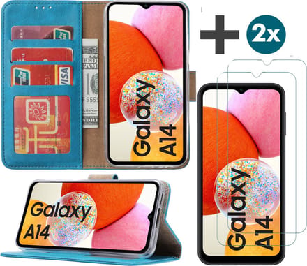 Samsung Galaxy A14 (5G/4G) hoesje - bookcase met pasjeshouder + 2x Screenprotector tempered glass - Turquoise