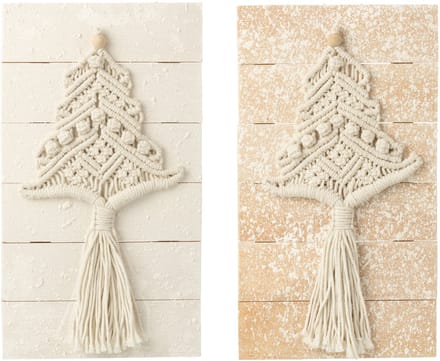 J-Line wanddecoratie Kerstboom - katoen - naturel/wit - 2 stuks
