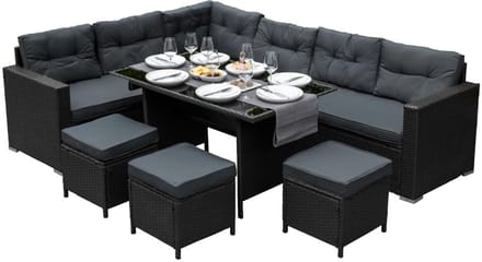 Rotan hoekset loungeset dining - zwart - 9 personen - uv-bestendig
