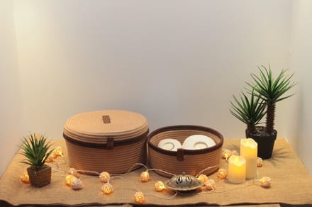 OZ Home - 2-delige Mandenset met Deksel - Beige/Bruin - Duurzaam & Functioneel - Voor Compacte Opslag en Decoratie