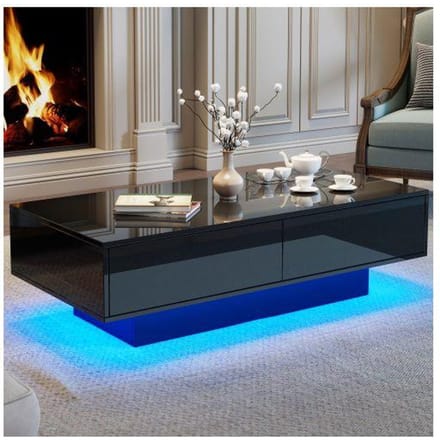 Table basse - MUVOE - Moderne - Noir brillant - 2 tiroirs - Éclairage LED noir