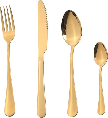 vergulde bestekset, 8-delig gouden bestekset, geschikt voor 2 personen.