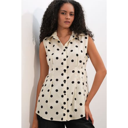 Getailleerde Mouwloze Gestippelde Poplin Blouse