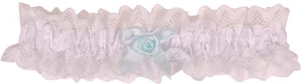 Kousenband Wit met Broderie & Lichtblauw Strikje met Roosje - 33cm Elastisch