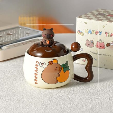 Capibara Beker Leuke Mok met Deksel en Lepel Keramisch Creatief Jongensstijl Kinderontbijtbeker Grote Capaciteit 400ml brown