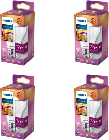 Philips Voordeelverpakking - E27 - LED Standaard lamp - Mat - 100W - Dimbaar - Warmwit Licht - Set van 4 Stuks