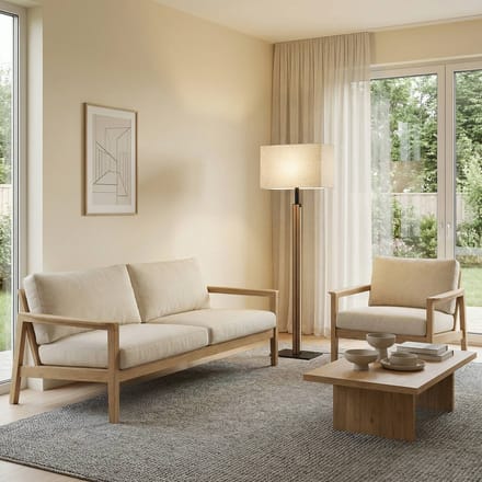 Quitani LED vloerlamp Lisene, eiken/zwart/naturel, 162 cm, dimbaar
