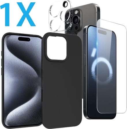 Back cover Silicone hoesje zwart met Screenprotector Glas 1x en Camera lens protector 1x Geschikt voor: iPhone 14 Pro Max