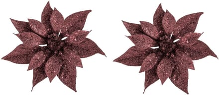 Kerstboomversiering Kerstster - 2x - 18 cm - donkerrood glitter - op clip - ornament