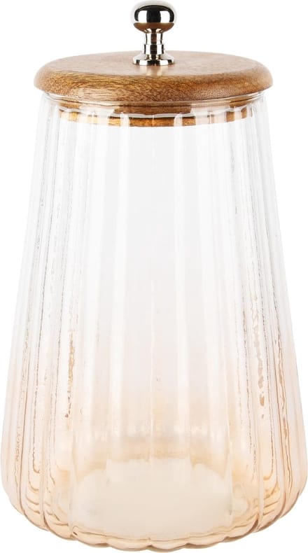 Dekoratief | Bewaarpot m/ribbels, transparant, glas/hout, 17x17x27cm | A248487