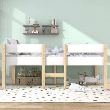 Kinderbed 90x200 cm - Houten Bed Met Uitvalbeveiliging - Massief Grenenhout - Wit En Eik