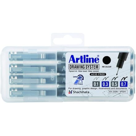 ARTLINE Drawing System - 1 x set van 4 Fineliners - 0.1-0.3-0.5-0.7mm Lijndiktes - Zwart