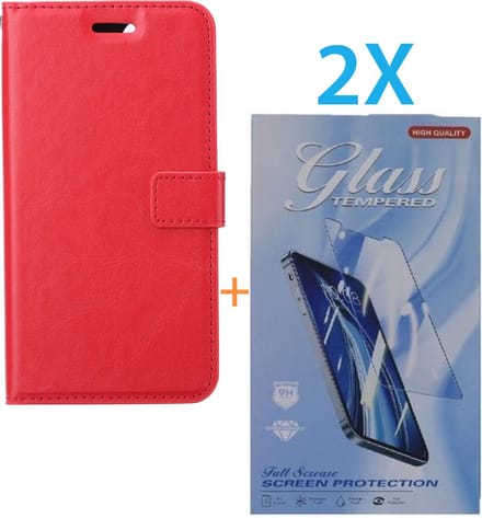 Bookcase Geschikt voor: Apple iPhone 16 Pro Max - Rood - portemonnee hoesje - + 2X Tempered Glass Screenprotector