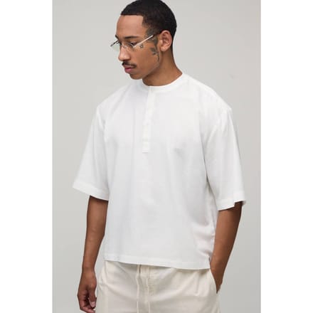 Oversized Boxy Linnen Blend Henley Shirt Met Korte Mouwen | White | Size XL