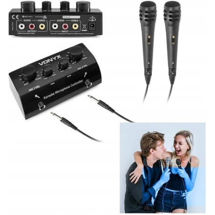 Karaoke set - Vonyx AV430B - 2x karaoke microfoon met mixer met echo effect - Maak van je stereo set een echte karaoke set! - Zwart
