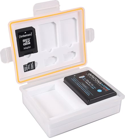 Bewaarbox voor camera accu's en geheugenkaarten - voor o.a. Canon LP-E8, Nikon EN-EL14 en Panasonic DMW-BLC12