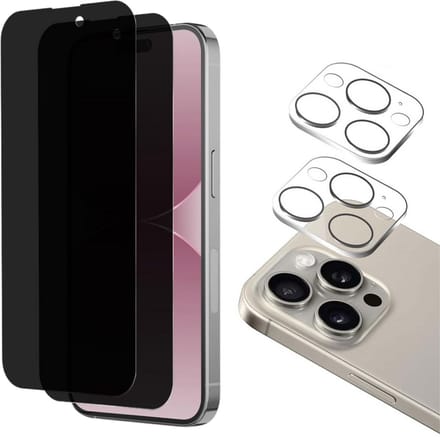 Screenprotector geschikt voor iPhone 15 Pro max - 2 stuks Beschermglas Privacy Glas Screenprotector van glazen schermbeschermfolie + 2 stuks Camera Protector