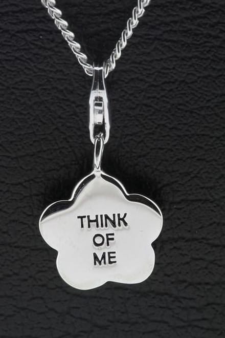Zilveren Bloem met tekst Think of me hanger én bedel