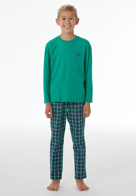 Lange pyjama van geweven jersey met ruitjesmotief, jade - Nightwear 152