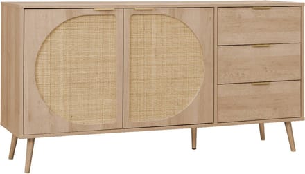 sweeek - Dressoir met 2 deuren 3 lades houtlook en rotan 150cm - eva