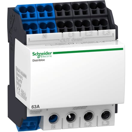 Schneider Electric Linergy DX distribution block for DIN rail 63A 4-pole connection at the bottom 1x25 mm2.4x6 mm2 per phase