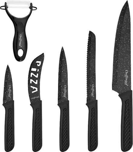 Cheffinger, Set van 6 Messen met Schiller en Antiaanbak Pizzames, Zwart