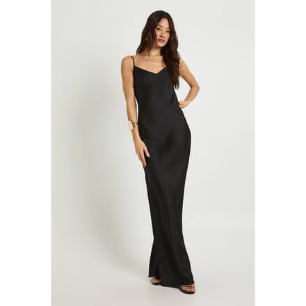 boohoo Dames Lange satijnen slip column maxi-jurk | Zwart | Maat: 42