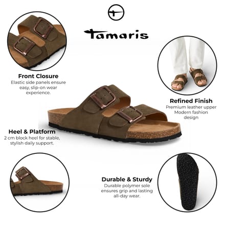 Tamaris herenslippers van olijfgroen leer met instapzool en voetbed.
