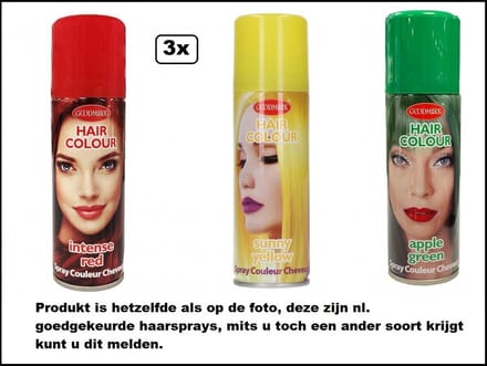 3x Haarspray rood/geel/groen 125 ml