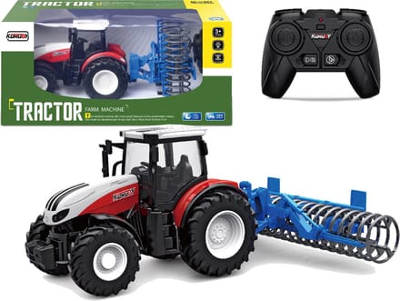 RC tractor - blauwe rollers & verlichting - rood/wit