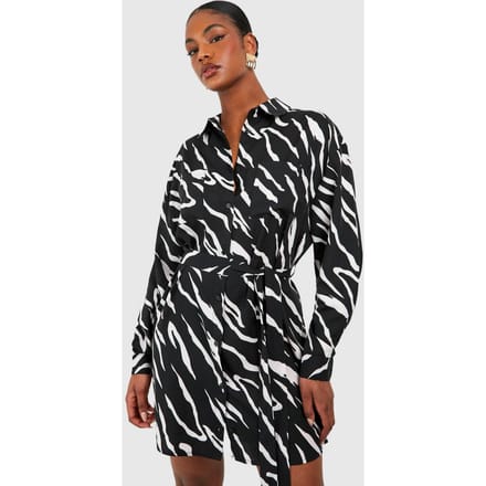 boohoo Dames Hoge Geweven Zebra Overhemdjurk met Ceintuur | Zwart | Maat: 44